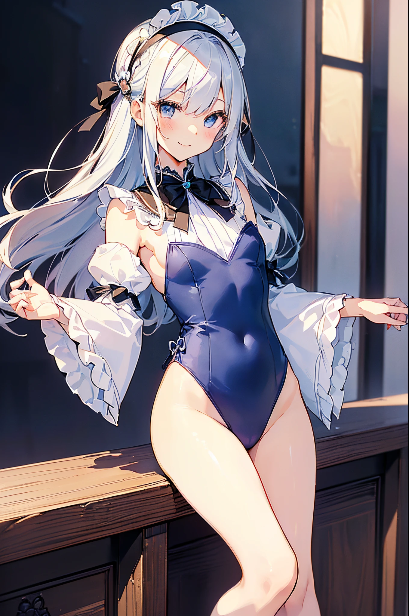 ((2D beautiful girl、top-quality:1.3、Perfect fingers:1.2、perfect anatomia:1.2、Dress perfectly、face perfect:1.1、Beautiful illustration))、(transform sequence)、((cute decorative headbands、white and blue maid style sleeves、leotard)、12year old、Solio、hime、Fractal Art、baby-face、((stright long hair))、(Slender and beautiful legs)、big drooping eyes、(full body photographed:1.1、Long Shot Photography)、((1 persons))、Japanese-style coffee shop、Happy smiling face、highleg