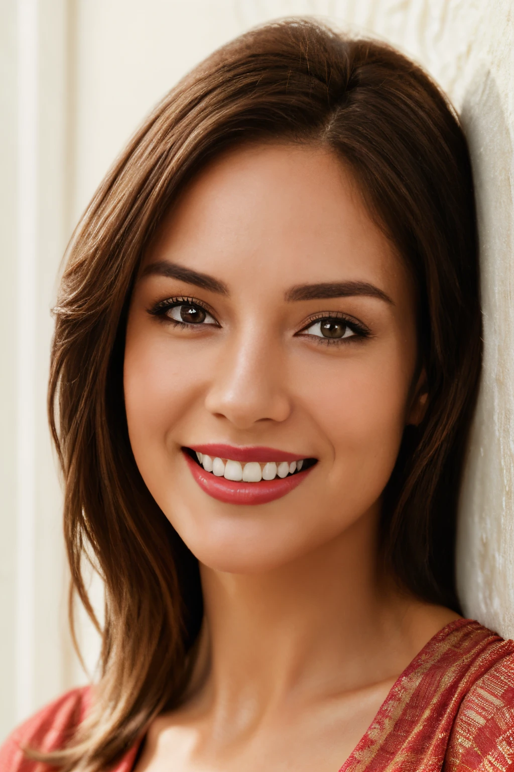 Best Quality, photorealestic, Ultra-detailed, finely detail, hight resolution, 8k wall paper, Professional, (Attractive 20 year old woman ), Elegant and stylish brown hair, wears medical gown, smiles naturally, beautiful girl with a bright make-up and with plump red lips peeks), natural lighting, On White Background