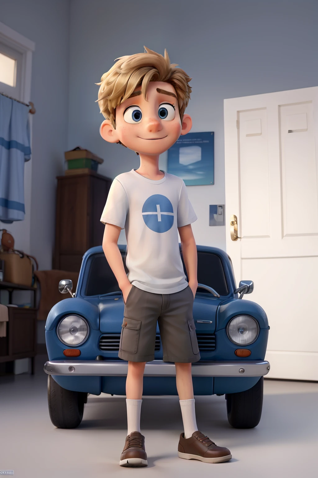 masterpiece, best quality, a boy looking at his car on a stand, the boy is tall, medium blond hair, thin and white, light brown eyes, dressed in a blue t-shirt and white shorts, the car is a Celtic model Brazilian, in gray color