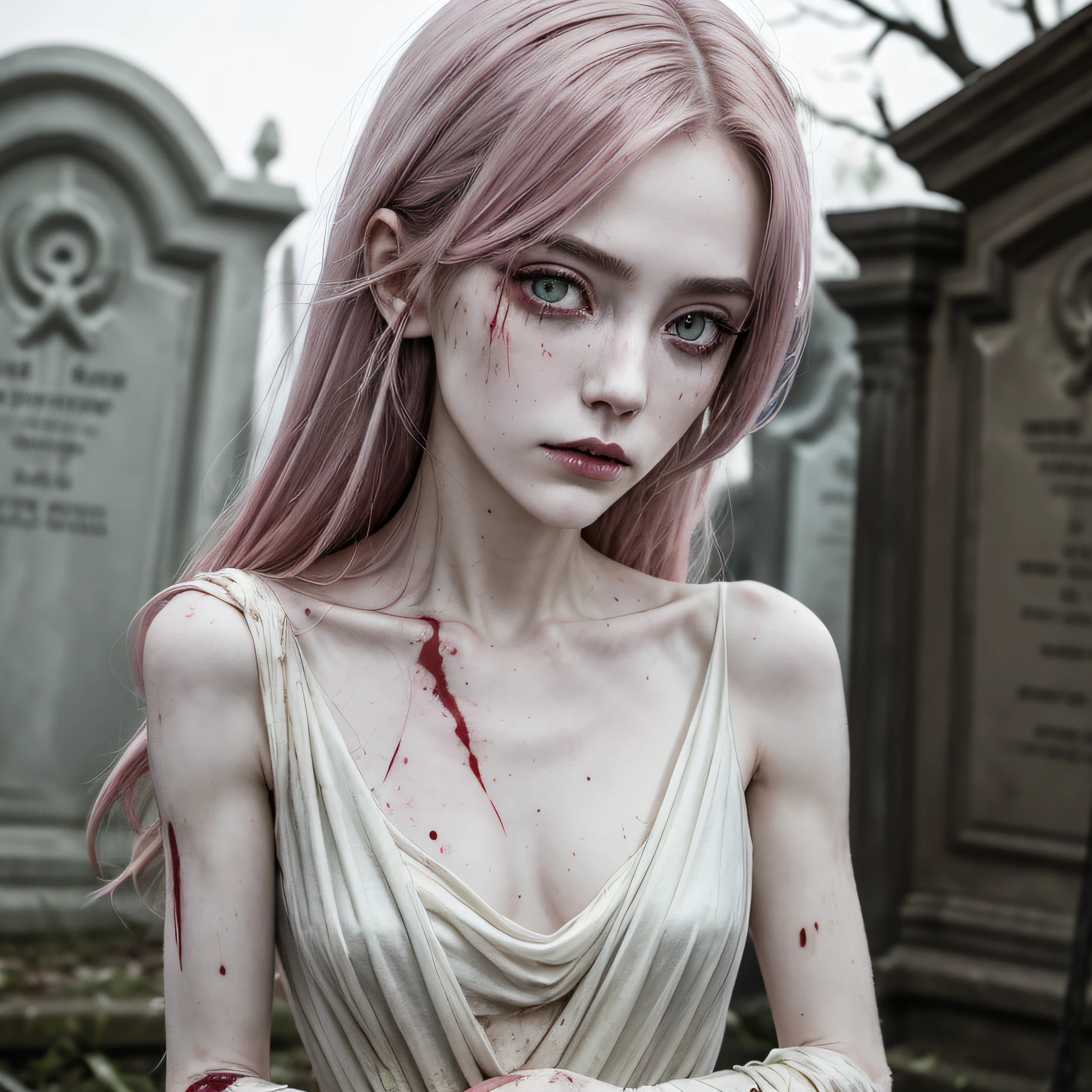 corpse, sinister, female, thin, pale, looking at the camera, ultra realistic, fully detailed, cemetery environment, bright eyes, white dress torn and stained with blood, bones exposed, putrid wounds, sensual, terrifying, bruised by the body, exposed fracture in the collarbone, slight smile, super detailed, pink hair, wounds, blood,