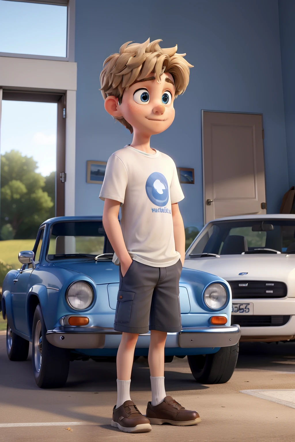 masterpiece, best quality, a boy looking at his car on a stand, the boy is tall, medium blond hair, thin and white, light brown eyes, dressed in a blue t-shirt and white shorts, the car is a Celtic model Brazilian, in gray color