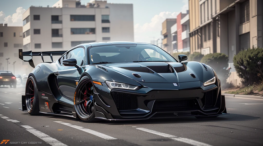 Supercar-forza game ready design, wide body, custom design build, cinematic, wide angle, studio light, tactical bodywork for supreme aerodynamics