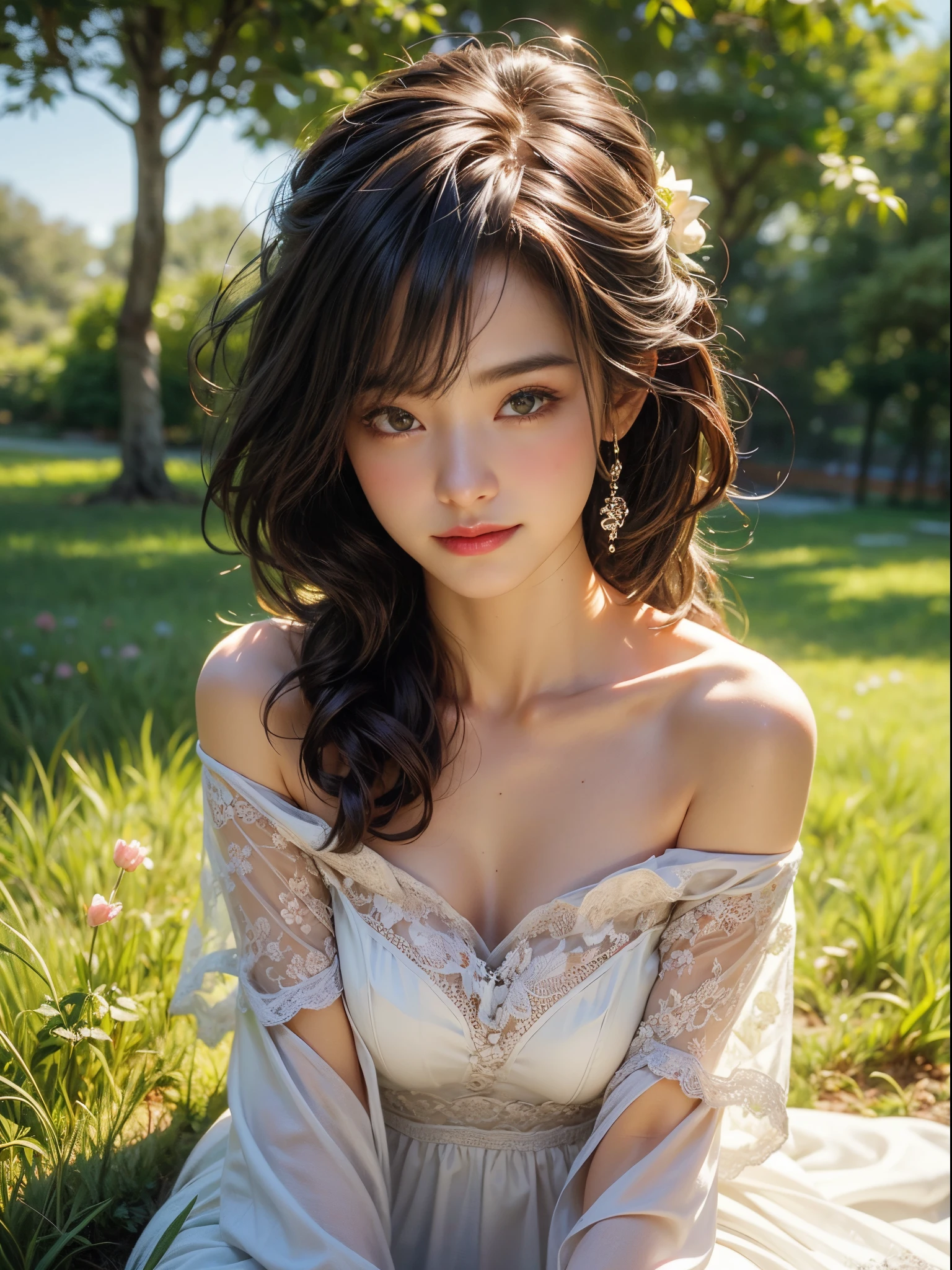 in a field of blooming flowers, There is a girl with a gentle smile, Wearing a white off-the-shoulder dress. Her skin shines in the warm sunlight. The scene was captured using raw photos of the best quality and high resolution, carefully edited,Create a masterpiece. Photorealistic rendering highlights the vibrant colors of the flowers and the softness of the girl's skin. This artwork was created in the style of oil painting, Add depth and richness to your work. The surrounding landscape is filled with lush green grass and trees, Creates a peaceful and peaceful atmosphere.