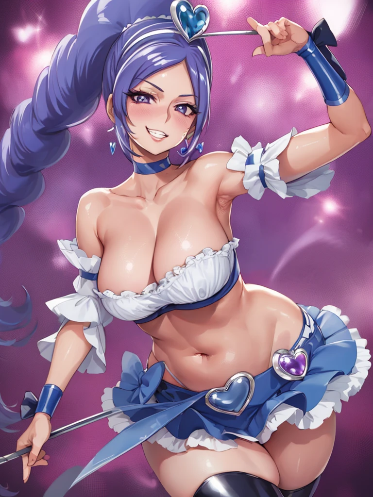 (masterpiece, best quality:1.2), looking at viewer, upper body, latex, parted lips, purple eyeliner, 1girl, solo, (cure berry:1.2), precure, wrist cuffs, blue skirt, side ponytail, blue hair, blue boots, (gem), heart shaped, hairband, thighhighs, navel, blue ribbon, nodded head, frill, layered skirt, naughty face, evil grin, smirk, blush, cleavage, sagging breast, large breast, wide hips, thick thighs