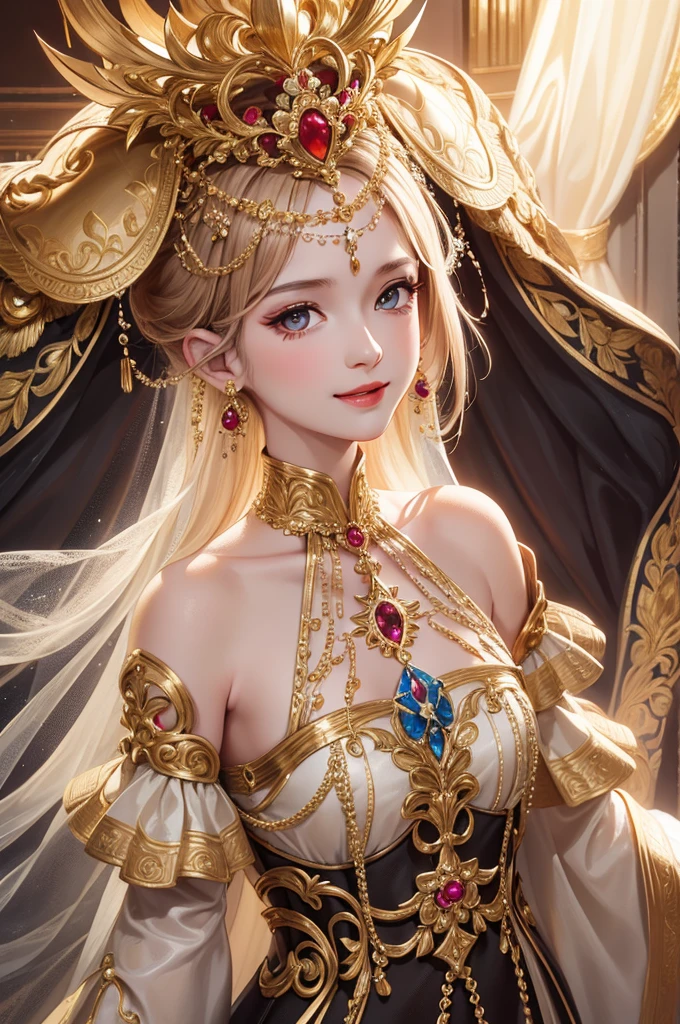 tmasterpiece，Best quality，（8k very detailed CG unit wallpaper）（Best quality），（Best Best Illustration），（The best shadow） Gorgeous and complicated gold-trimmed wedding dress, complicated headdress, smile, fair skin, beautiful face, harmonious facial features, body shape and noble face, in line with the popular aesthetics of face slimming