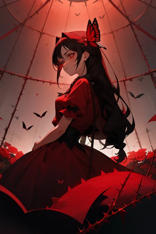 1little girl,(Best Quality),(Super delicate),dishevled hair,Large braid,A dark-haired,Costume inspired by a butterfly,red butterfly,butterfly hair ornament,Red dress,deadpan,Evil Queen,disaster々Background,Red Rose,beautiful finely detailed eyes,Delicate beautiful face,(High color saturation),(Blood droplets),Focus on Face,, G;Cage beets,stage,A world without anyone,spot light,restrained by thorns