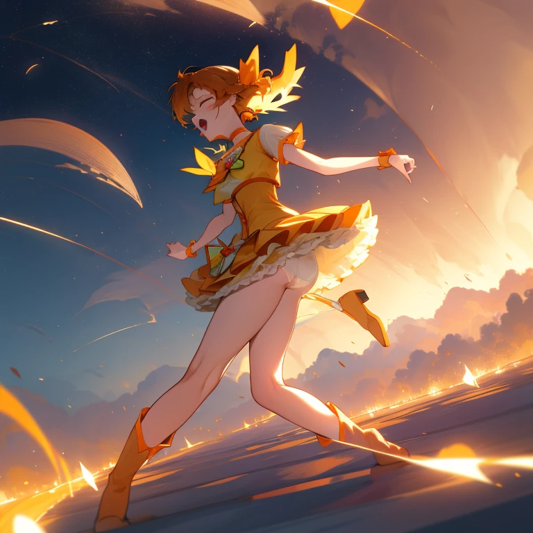 precure, one side up, short hair, hair ribbon, frills, short sleeves, wrist cuffs, orange choker, orange boots, yellow skirt, solo, perfect anatomy, masterpiece, best quality, highres, big breast, :o, screaming, outdoor, scenery, closed eyes, tottering, torn clothes, exposed (white underwear:1.2), headback, aerial bombing