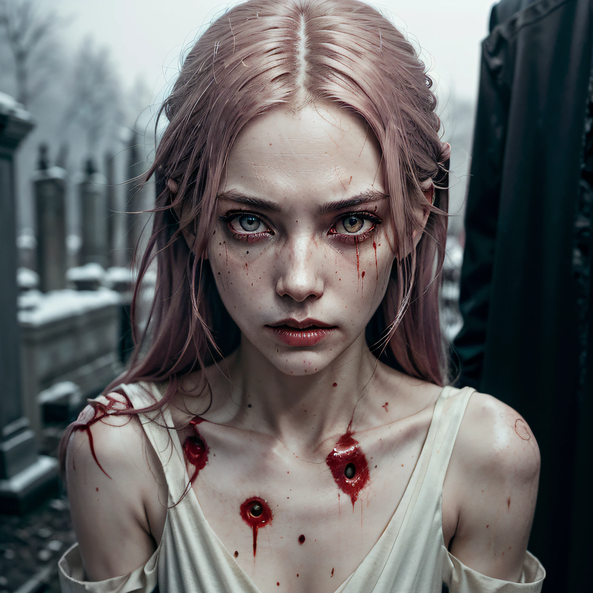 corpse, sinister, female, thin, pale, looking at the camera, ultra realistic, fully detailed, cemetery environment, bright eyes, white dress torn and stained with blood, bones exposed, putrid wounds, sensual, terrifying, bruised by the body, exposed fracture in the collarbone, slight smile, super detailed, pink hair, wounds, blood,