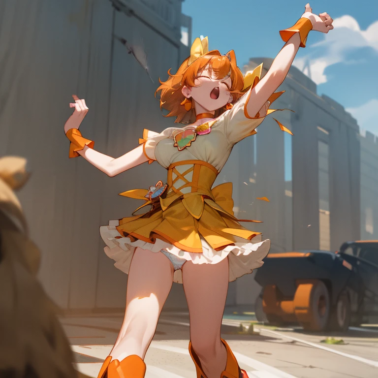 precure, one side up, short hair, hair ribbon, frills, short sleeves, wrist cuffs, orange choker, orange boots, yellow skirt, solo, perfect anatomy, masterpiece, best quality, highres, big breast, :o, screaming, outdoor, scenery, closed eyes, tottering, torn clothes, exposed (white underwear:1.2), headback, airstrike
