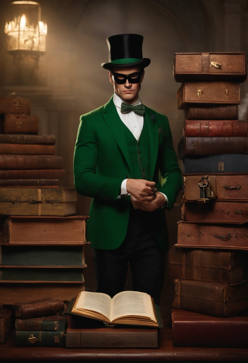 A vintage leather-bound book with intricate lock and key,Batman,Ed is tall with neat black hair, glasses, wears a green suit, wears a bowler hat, famously portrayed by Cory Michael Smith