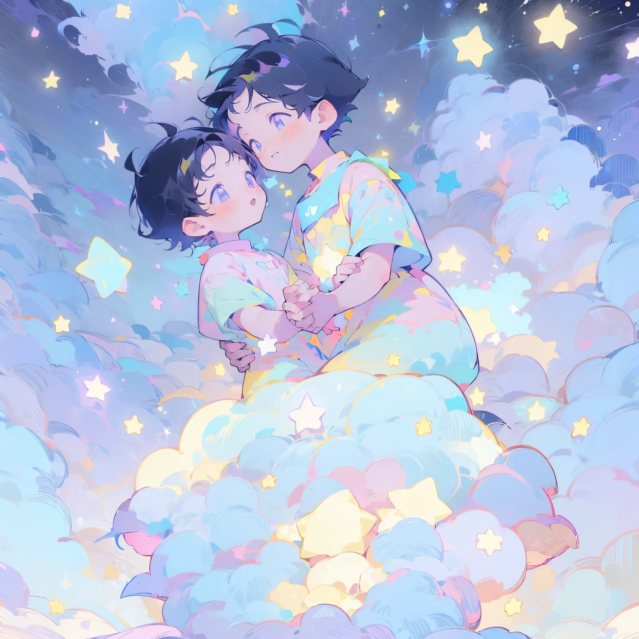 galaxy,((2 boys)),2 boys floating through space, both have black hair and are of the same age, spacesuits,black hair,planets,stars,cats, holding hands,kawaiitech,cute,cute colors,pastel colors,kawaii,flat colors,cute flat coloring,((purple focus))),perfect faces
