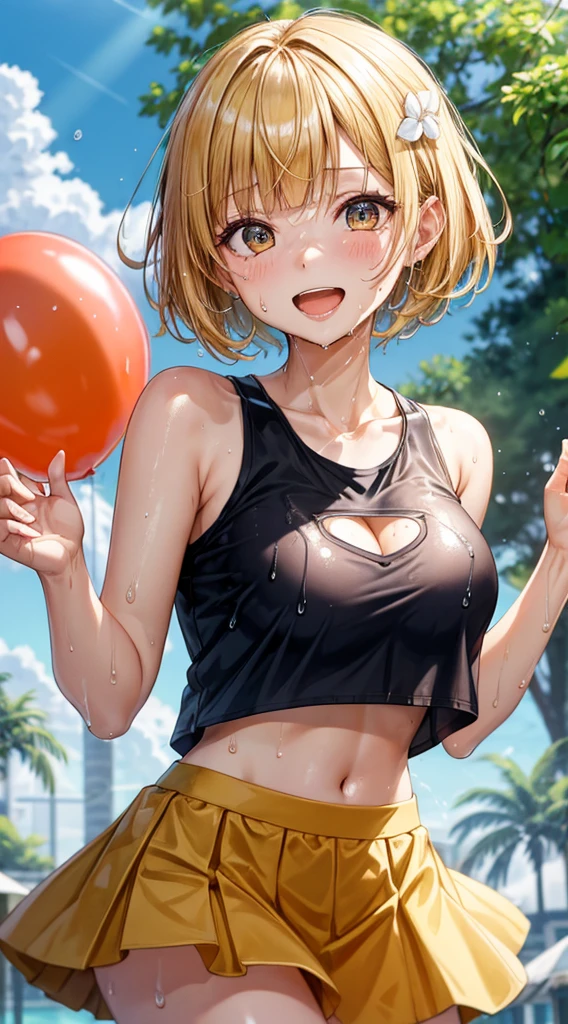 (masutepiece:1.3), (absurderes:1.3), (Best Quality:1.3), hand of Guido Daniele, (Ultra-detailed:1.3),(Best Shadow:0.7), (Handle Hair), 1girl in, Solo, SH1, Ai Miyashita、Large breasts, cleavage, blondehair, asymmetrical bangs, Blunt bangs, Eyes are yellow、wink、Hair Ornament, A universal smile、Open mouth, (Wet, Wet_Clothes, Wet_Shirt, Oily skin), (cheer girl, croptop, Miniskirt, Bare shoulders,spread your hands to the left and right、orange and white skirt), \(cheer leading\), BREAK outdoors, a park、Colorful balloons、Sunlight, Bright sky, Blue sky with clouds, the wind, god rays, llight rays,