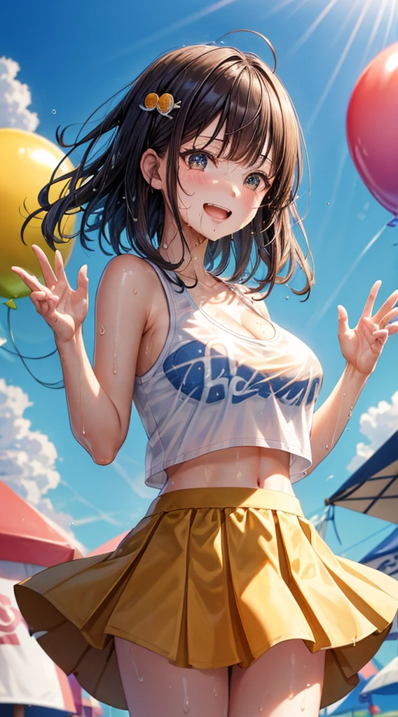 (masutepiece:1.3), (absurderes:1.3), (Best Quality:1.3), hand of Guido Daniele, (Ultra-detailed:1.3),(Best Shadow:0.7), (Handle Hair), 1girl in, Solo, SH1, Ai Miyashita、Large breasts, cleavage, blondehair, asymmetrical bangs, Blunt bangs, Eyes are yellow、wink、Hair Ornament, A universal smile、Open mouth, (Wet, Wet_Clothes, Wet_Shirt, Oily skin), (cheer girl, croptop, Miniskirt, Bare shoulders,spread your hands to the left and right、orange and white skirt), \(cheer leading\), BREAK outdoors, a park、Colorful balloons、Sunlight, Bright sky, Blue sky with clouds, the wind, god rays, llight rays,