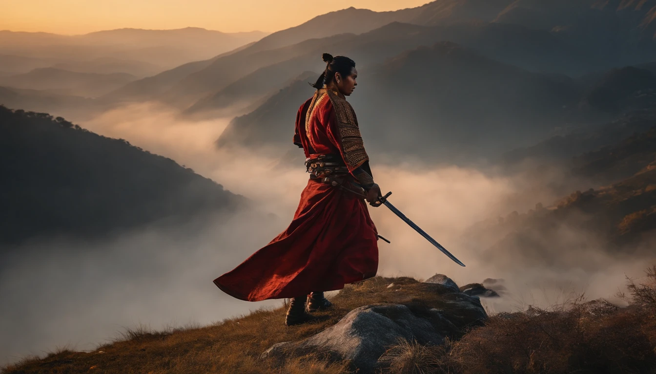 a samurai warrior with two swords, flowing black hair, piercing eyes, and a strong build,standing on a rocky cliff overlooking a vast grassy field and a beautiful sunset. The warrior's swords are gleaming, reflecting the warm hues of the setting sun. The scene is rendered in a hyper-realistic style, with every detail meticulously crafted, from the finely textured hair to the intricate folds of the warrior's kimono. The lighting is dramatic, with the sun casting long shadows across the landscape and illuminating the warrior's face, highlighting his determination and strength. The color palette is rich and vibrant, capturing the vivid colors of the sunset and contrasting with the darker tones of the warrior's attire. The overall atmosphere is intense and powerful, evoking a sense of honor, bravery, and resilience.