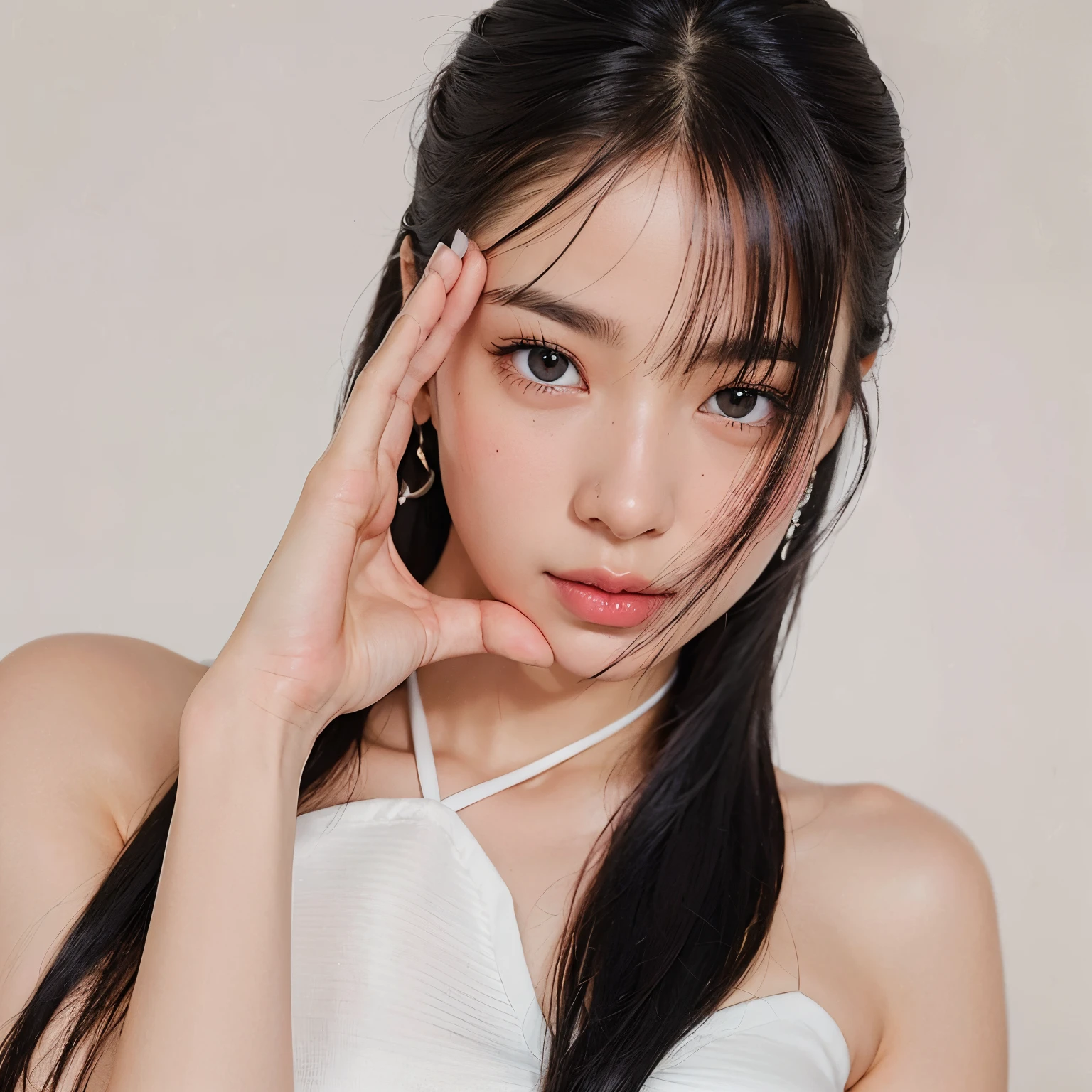 (realisitic、Photorealsitic:1.37)、(8K、Raw photography、top-quality、masterpiece:1.2)、cute little、ultra-detailliert、Heart-shaped pupil、physically-based renderingt、超A high resolution、Kodak Vision Color、Captured with an Arricam LT camera、bokeh dof、foco nítido、Look at viewers、Photorealsitic、realisitic、独奏、Photorealsitic、top-quality、extra detailed face、extremely detailed eye and face、beatiful detailed eyes、absurderes、incredibly absurdness、hair messy、Floating hair、short clean hair with bangs、Put your ears out、clean and long neck、Clean collarbone、glowy skin、Distinct double eyelids、Lashes、((Immaculate white background with nothing really、Close-up of the face))、Close your mouth and smile a little、White-colored skin、Do not put shadows、Photo naked