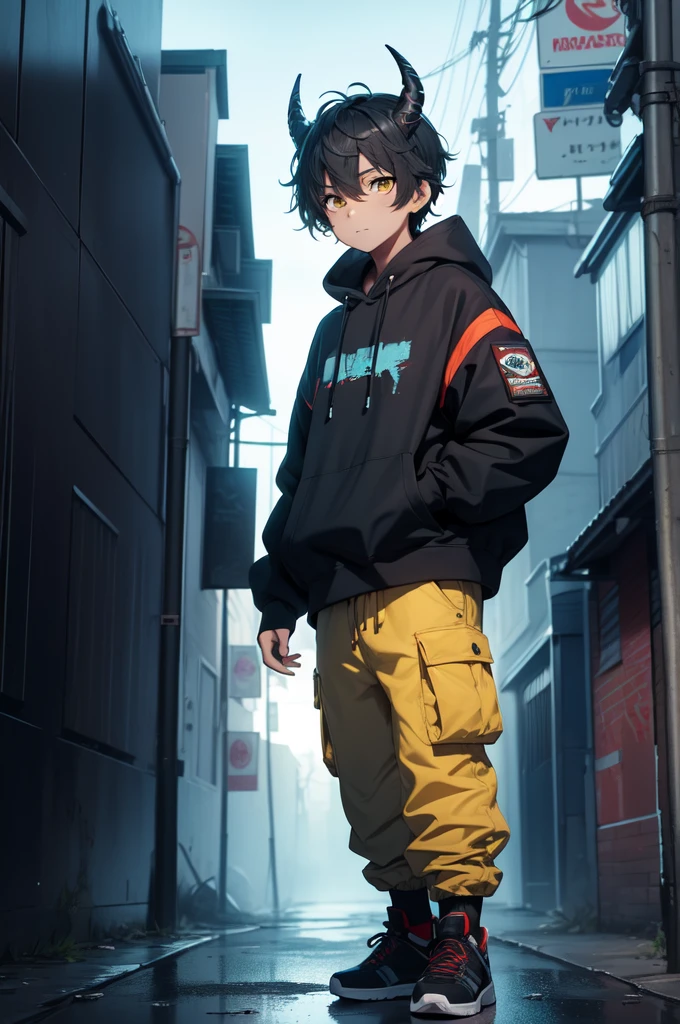 (masterpiece:1.4), 1boy, Streetwear,cargo pants, street, (masterpiece, best quality, highres, ultra detailed ), night, depth of field, absurdres, (masterpiece:1.4), ultra-detailed, 1boy, stand up, black and teal, messy black hair, yellow eyes, two dark horns on the head, background: fog, dark street, night time