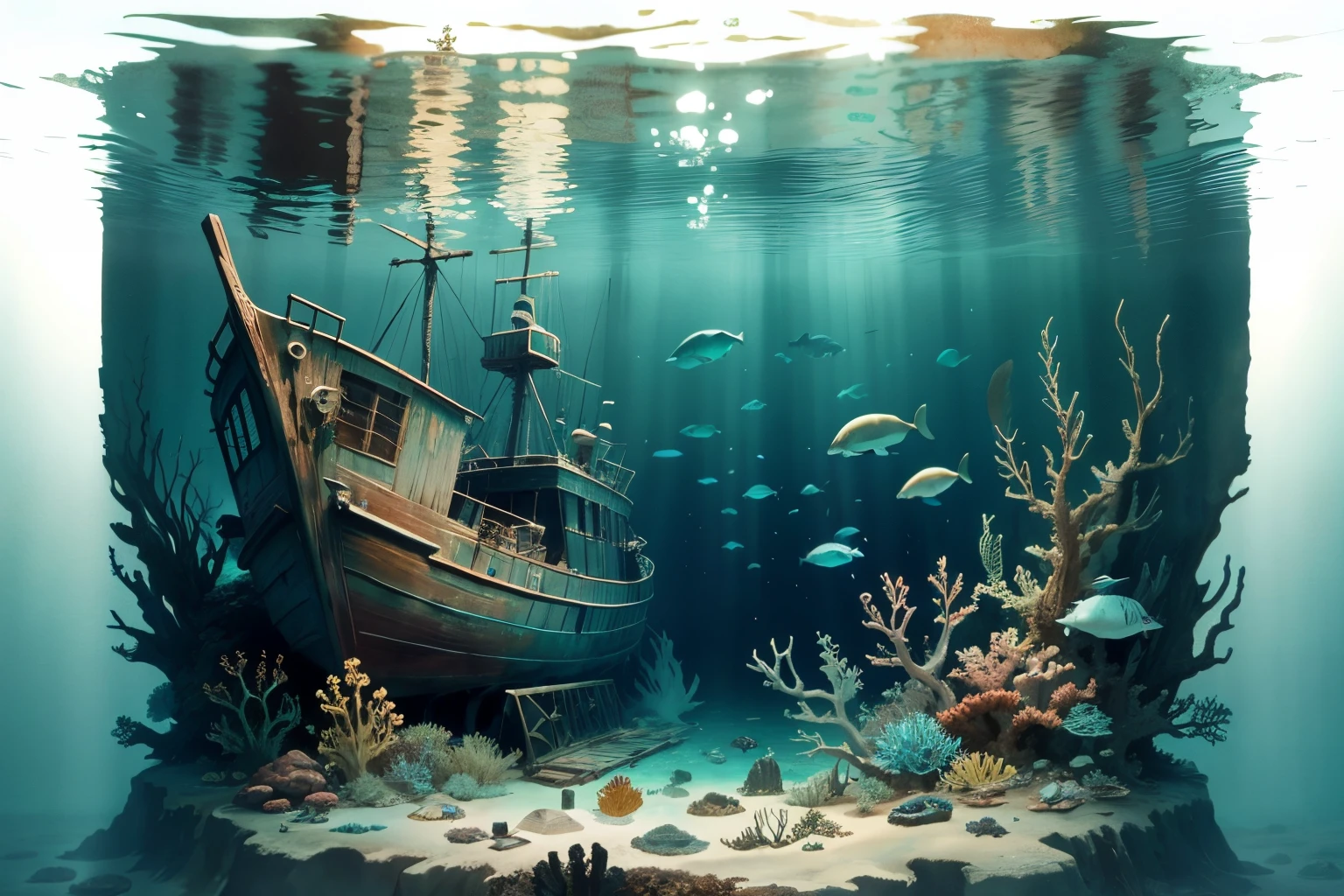 Underwater scenes, shipwreck remnant, seabed, Rusty boat at the bottom, Covered with greenish-brown coral and algae.. School of fish swimming, shark, radiation, octopus. dynamic scene. clear, The water is almost clear blue., reflection of water. Watercolor and ink.