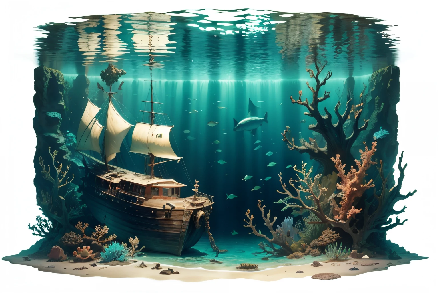 Underwater scenes, shipwreck remnant, seabed, Rusty boat at the bottom, Covered with greenish-brown coral and algae.. School of fish swimming, shark, radiation, octopus. dynamic scene. clear, The water is almost clear blue., reflection of water. Watercolor and ink.