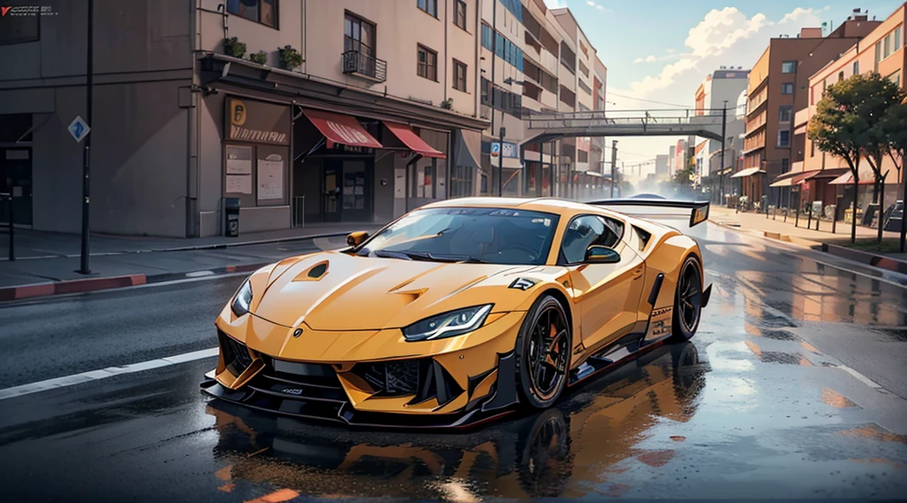 A black Supercar, racing body styling, wide body look, racing suspension, ground shadows, in a night time city square, trending on artstation, cgsociety, crepuscular rays, 3D, shot with a canon cine prime wide angle lens, unreal engine, octane render, masterpiece, maya render, corona, immaculate detail, racing spec, HDR light studio, use careful studio lighting techniques that capture the rush and sheer adrenaline of the scene in crisp detail., epic composition, inspired by Forza and gran turismo, 4k, sponsor decals, a machine built for the absolute need for speed. Inside by Lamborghini and Bugatti, sensational, wow factor, unveiling in showroom, minimalist lighting accentuates the brutal machine, world class CGI, design and innovation