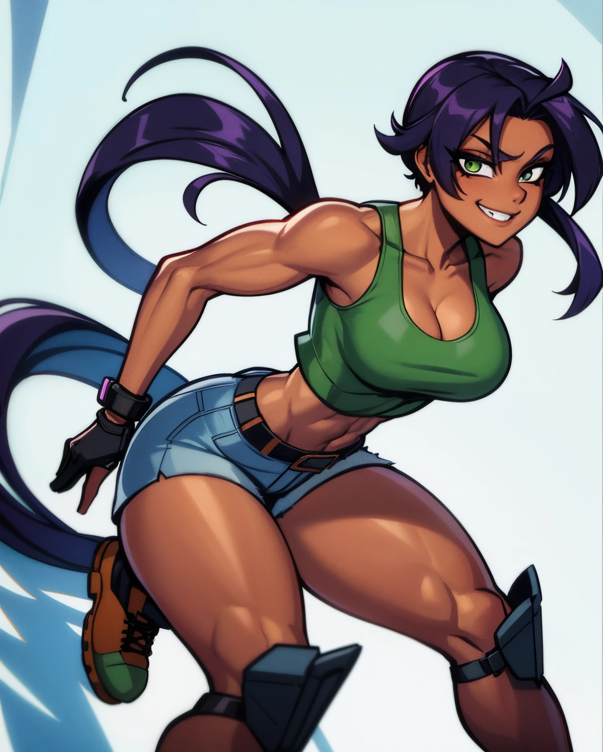 Lara Croft, Yoruichi Shihouin, cleavage, 25yo woman, hazel eyes, long purple hair in a ponytail, adventures outfit, medium breasts, waist, green tank-top and tan jean shorts, white sox, black gloves, hiking boots, thigh gun holsters, purple hair, determined smile, beautiful woman, hourglass figure, solo mature woman, strong muscular woman, masterpiece, Sharp focus :1.2, A pretty woman with perfect figure :1.4, Slender abs :1.2, (dark skin, dark-skinned female:1.2),