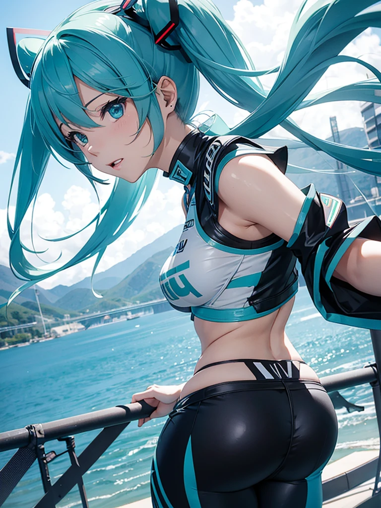 miku hatsune,bicycle,Racer Pants,Beautiful breasts,stick out buttocks,Leaning on the bike