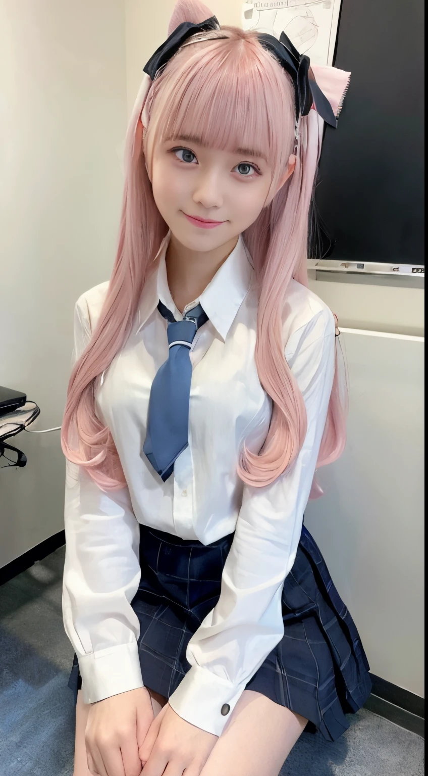 (1girl:1.4), (solo:1.4), 18-year-old,
BREAK
(blunt bangs:1.7), (long hair, pastel pink hair, dark-blue eyes, symmetric light-blue hairpins:1.5), (smile:1.2), sitting,
BREAK
sitting on desk, (school uniform), (white-shirt, dark-blue skirt, blue necktie:1.3), white socks,
BREAK
classroom, blackboard, sunset, desk,
BREAK
best quality, masterpiece, highly detailed CG unity 8k wallpaper,