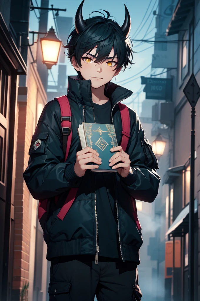 (masterpiece:1.4), 1boy, Streetwear,cargo pants, street, (masterpiece, best quality, highres, ultra detailed ), night, depth of field, absurdres, (masterpiece:1.4), ultra-detailed, 1boy, stand up, black and teal, messy black hair, yellow eyes, two dark horns on the head, background: fog, dark street, night time, boy with magical abilities, fire power, holding a book of spells, expression: smirking at viewer
