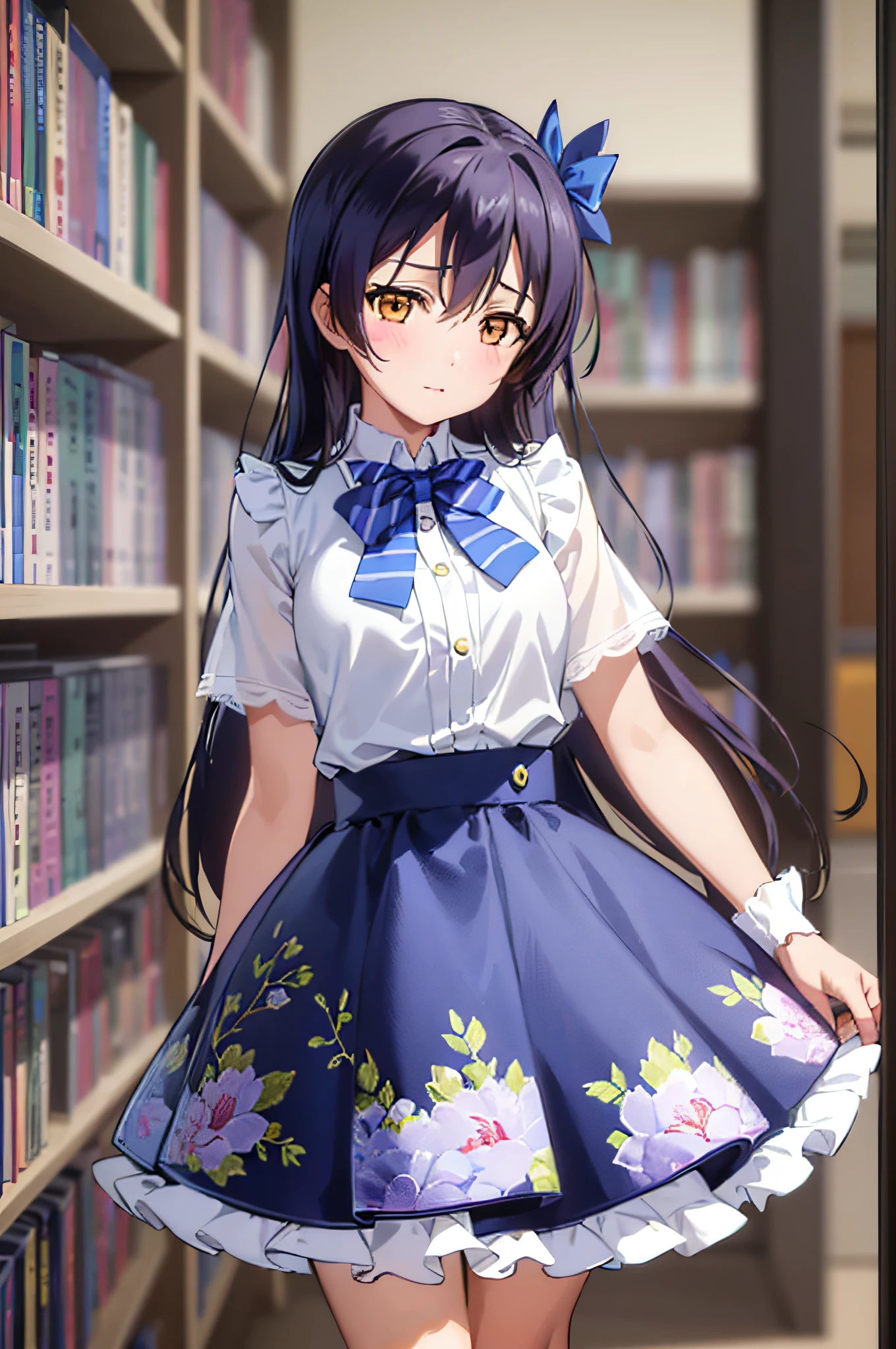 (((pixel-perfect, detail-perfect))), solo, 1girl, umi sonoda,, looking at viewer,  small breast, highly detailed face, perfec face, Woman standing alone in library, white blouse with blue floral pattern, blue bow tie, ruffled blue skirt, white ankle length socks, wearing pumps, white light backgroun