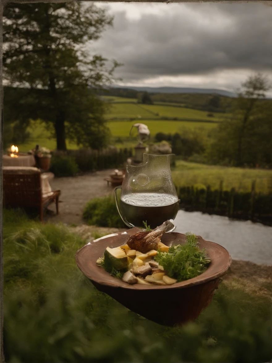 Ein Hintergrundfoto, which depicts a traditional roast martini goose in a country inn. Das Bild sollte eine einzelne darstellen, knusprig gebratene Gans, frisch aus dem Ofen geholt, Dargestellt auf elegantem Geschirr. A visible stream of steam should emanate from the roast goose. Zum Hauptgericht, as side dishes are apples, Dumpling, Rotkohl, und Kastanien. Die gesamte visuelle Komposition sollte den Stil eines Mittelformatfotos einfangen.