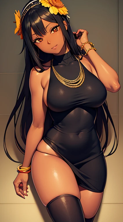 (masterpiece), best quality, expressive eyes, perfect face,black ebony skin,half naked, Black colour tied sleeveless dress, perfect shaped body,long hair, black hair, orange eyes,big sized boobs, black skin, ultra realistic detailed orange eyes, long and open hair, looking at camera, innocent eyes, innocent face,very cute anime girl face, black skin anime girl, cute smile on her face, flower necklace on her head, wearing flower bracelets on her hand,thigh legs