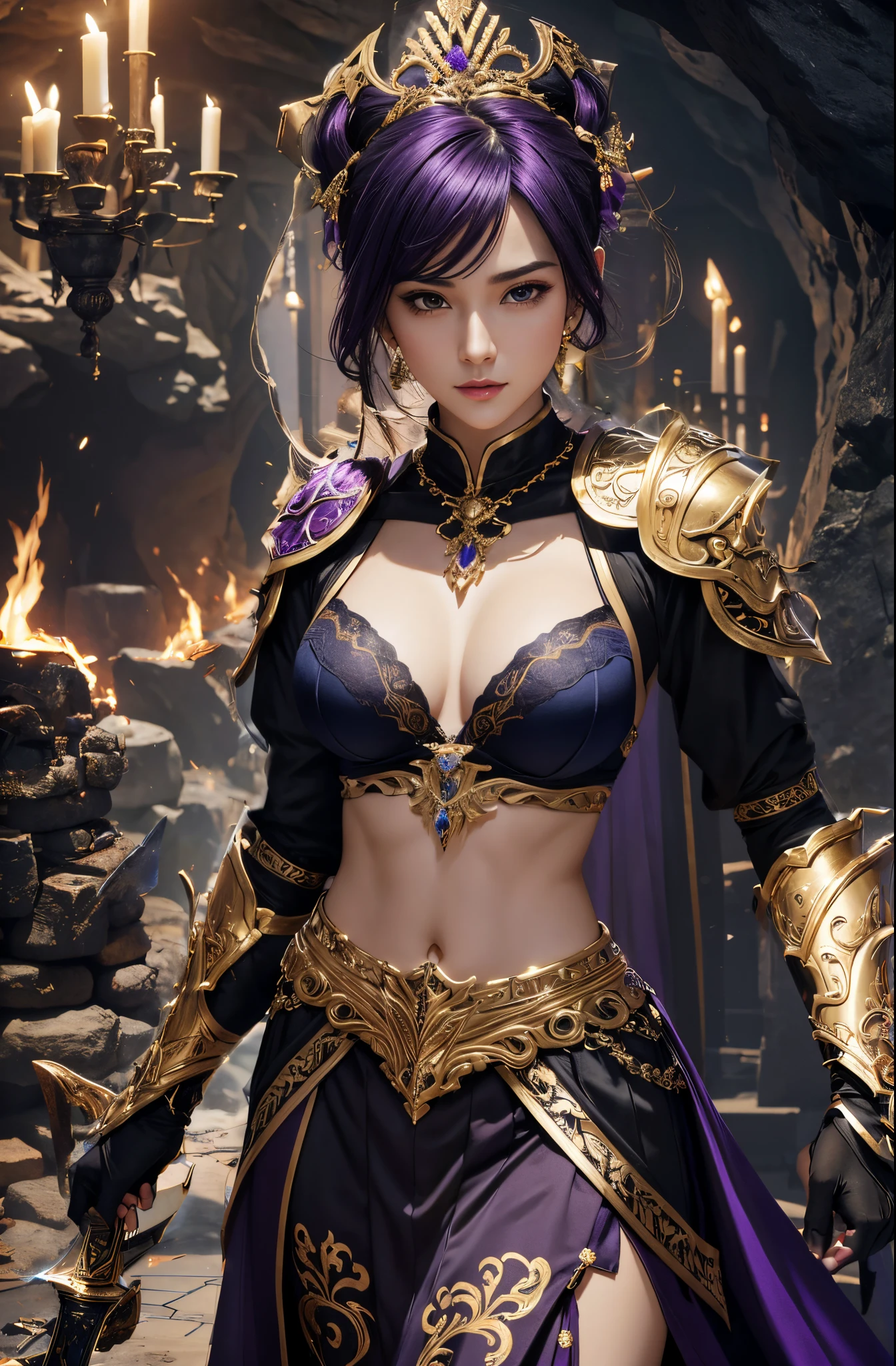 8K,Gorgeous purple and black small chest chest armor,gorgeous purple and black skirt,Luxurious golden decoration,hight resolution,A hyper-realistic,