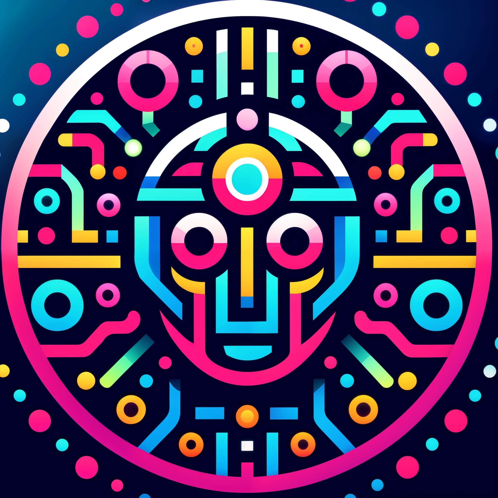 a colorful circular design with a stylized face in the center, symmetical face, multicolored vector art, disco pictoplasma, portrait of a digital shaman, colorful generative art, cyberpunk face, icon for an ai app, portrait of a robot shaman, symmetrical digital illustration, vector behance hd jesper ejsing, 2 d digital vector art