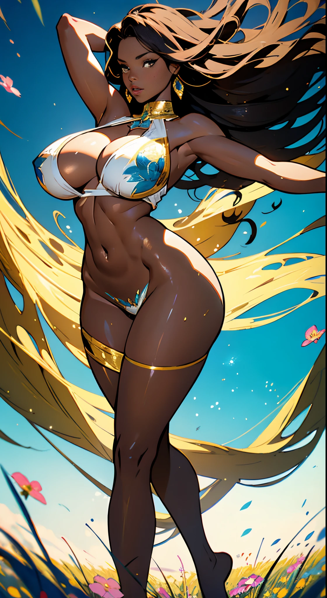 (dark brown skin:1.3),anime hot and sexy super hero, thick thigh,Random hair color,fulllllbody,Competent body,(Master Masterpiece:1.2)、(beste Quality:1.2), Greek goddess naked Aphrodite, serious and sexy face, supergirl Beautiful woman, has a face of supernatural beauty and short, curly blonde hair decorated with flowers, as well as blue eyes. (perfect anatomy) , (perfect eyes), Wild Xavante India, extreme tanned skin, full body image, extreme long black straight hair messes over naked boobs, huge macaw blue parrot feather headdress, long legs, curvy, indigenous colored breast painting, breast painted bright color, vibrant color facial painting, Long hair, Gradient, Gradient background, full body image centered around the buxom young miller's exceptionally attractive with big breast and reavling exposed cleavage with wide hips and narrow waist and exuding an alluring and voluptuous physique that radiates warmth and sensuality, gisele bundchen, cheerfull and happy expression on her face, hyper-realistic photography portrait, beautiful lips,detailed large eyes, Her eyes are a striking and inviting feature, extreme abnormally huge boobs, tranquil flower princess with soft hair dancing in the wind and intricately braided. Her sweet face has puffy, kissable lips and stunning, highly realistic eyes, hires eyes, 8k eyes, beautiful detail eyes, realistically shaded eyes, dazzling big eyes and realistic eyes in vibrant colors. She is wearing delicately detailed colourful fabric of gossamer silk and satin, midst of the most beautiful meadow in the world and is surrounded by beautiful flowers of varying sizes and colors, with delicate flowers dancing in the wind and creating a dynamic and compelling image