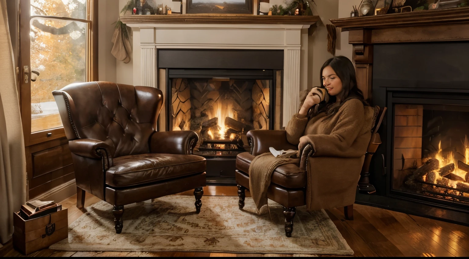 "Cozy Fireplace": woman drink coffee,Illustrate a cozy living room with a big crackling fireplace, ultra detailed,hyperrealistic,high definition,photo realistic,hd,8k,plush armchairs, and shelves filled with books. Add elements like warm, earthy tones, fuzzy socks, and steaming mugs of hot cocoa.