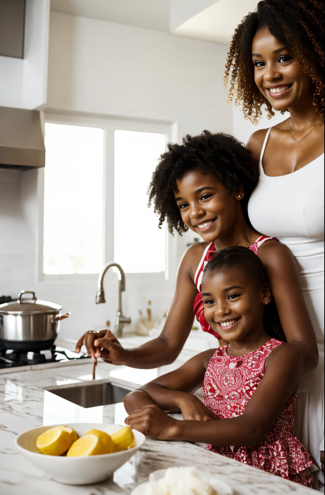 Mother and 11-year-old daughter of African descent, mother and 11 year old daughter, ****** de 11 anos, Com pele negra, mother and curly-haired daughter playing in a luxurious kitchen, The kitchen is all white with red details and accessories........., as duas usam um avental vermelho sobre a roupa branca e fazem um delicioso bolo de morango com chantily. The mother seems more mature, 40-year-old mother, filhas com 9 anos de idade e 11 anos de idade