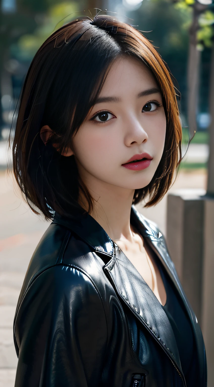 Portrait of a woman posing in a leather jacket、Facing up、Close your eyes、top-quality、hyper HD、a park、Japanese Models,、Beautiful Asian Woman、short-haired、27-year-old female model、4 k ], 4K], 2 , sakimichan, sakimichan