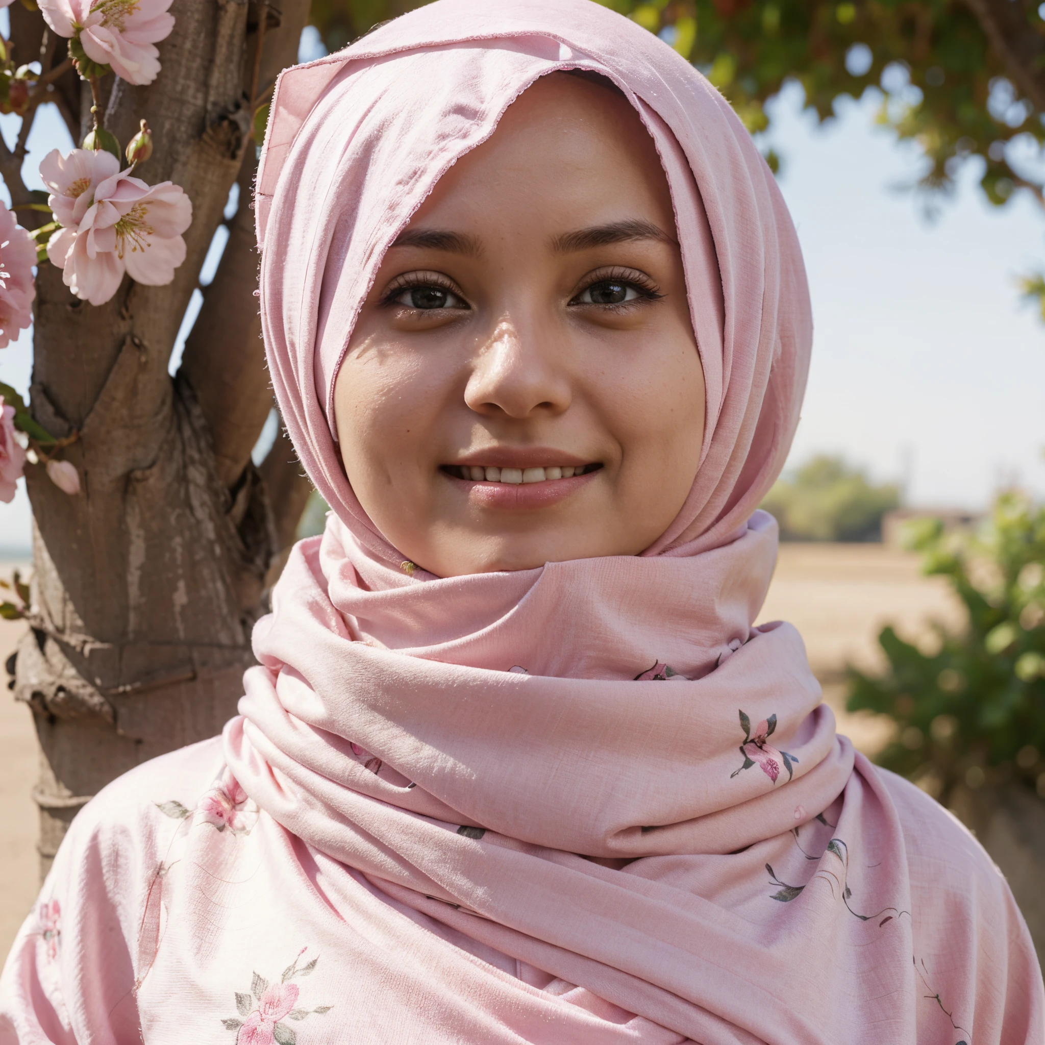 Innocent girl, blossom face, wearing hijab, no hair, pink hijab with flower motif, a bit smile, shy, looked at down, up to the waist