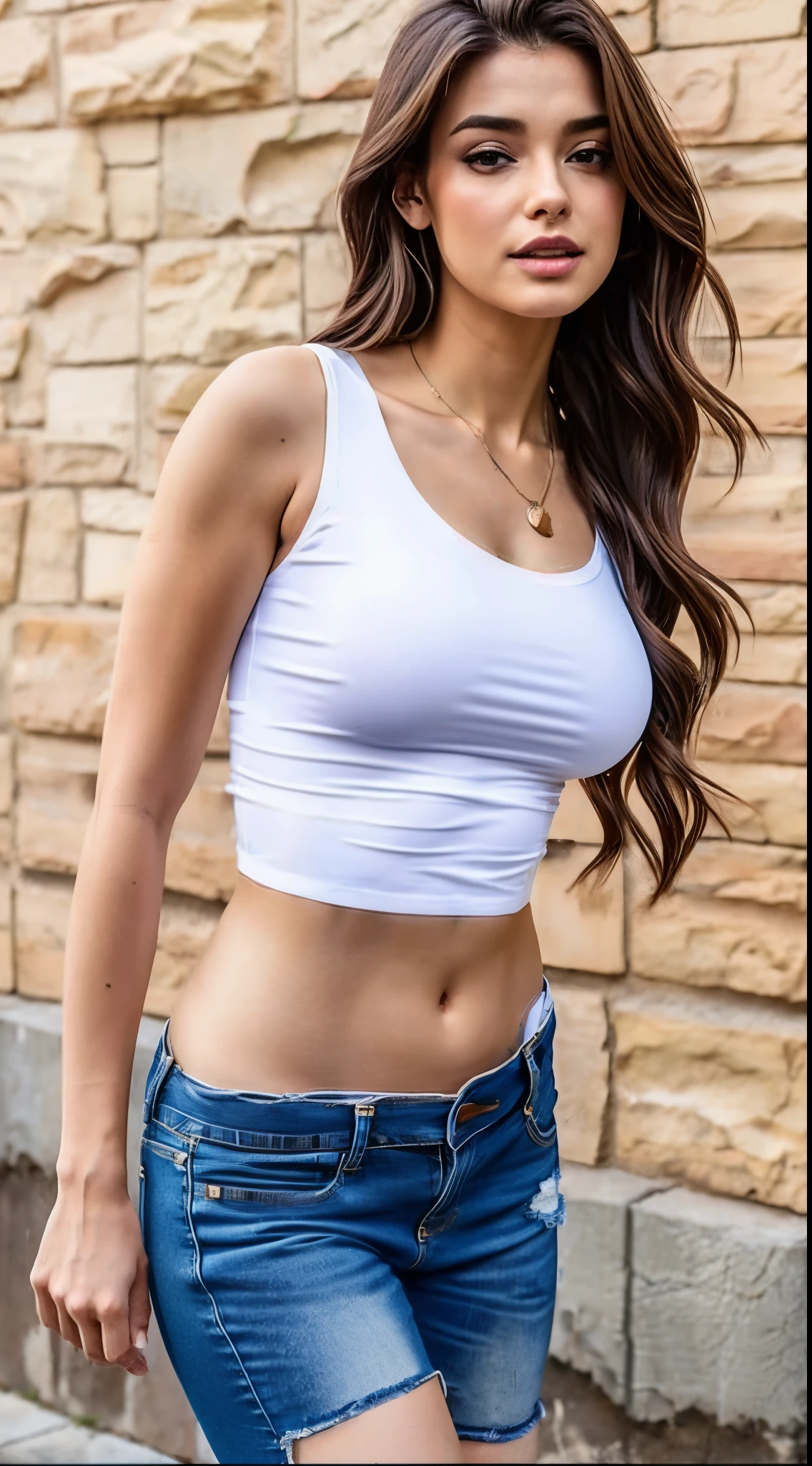 mulher arafada de blusa branca e jeans rasgado posando para uma foto, peito achatado, vestindo camisa apertada, usando crop top, foto de modelo de menina slim, usando um top cropped sexy, camisa apertada, usando regata, midriff exposto, Bonito midriff, tinyest midriff ever, vestindo camisola branca