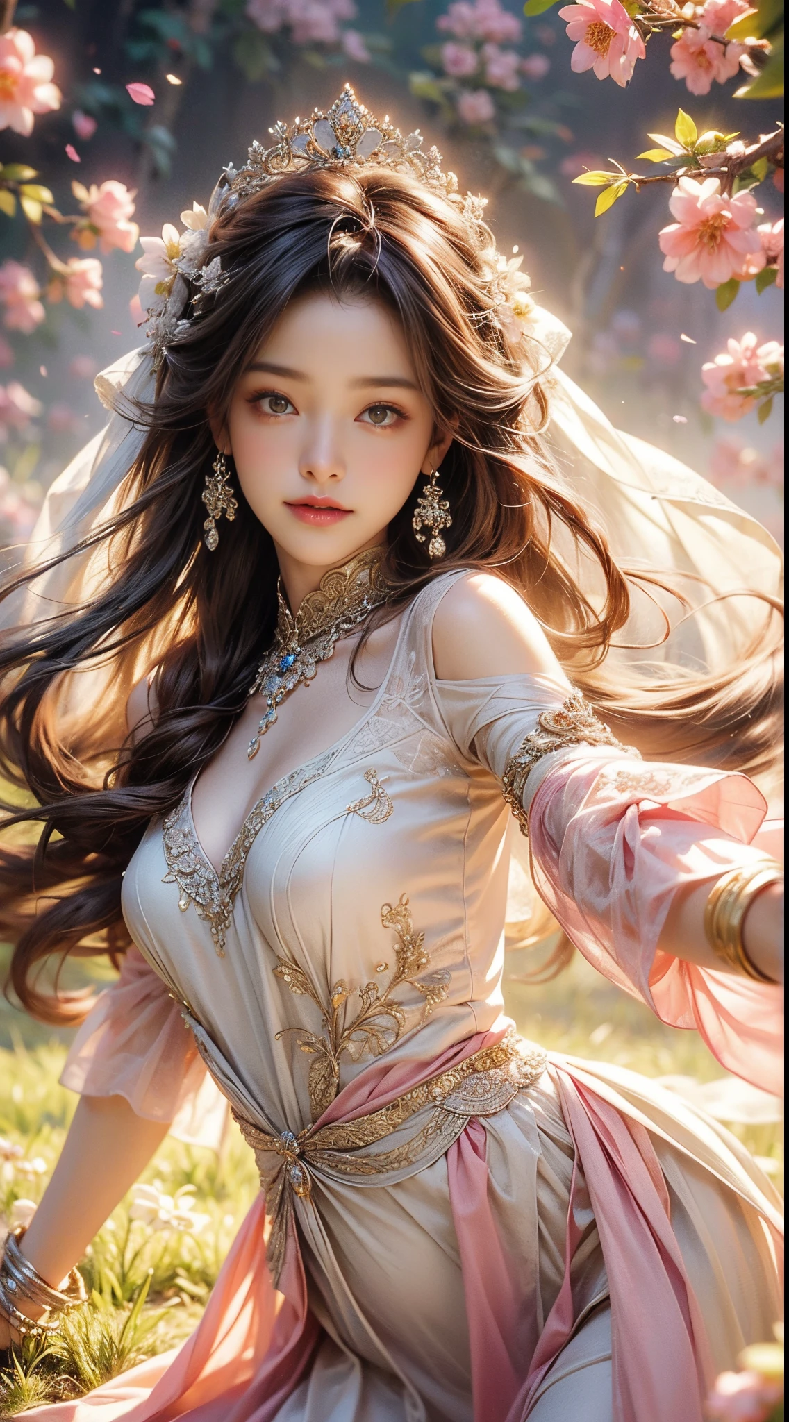 That girl'The eyes shone with joy, Her lips curved slightly,show a calm smile. The sun casts a warm golden light on her face, Enhance her beauty. Flower colors range from vibrant pinks and purples to soft pastel shades, Create harmonious and visually pleasing compositions. The lighting is soft and diffused, Create a dreamy and ethereal atmosphere. Girl standing in the middle of the field, raise your arms slightly, As if she is embracing the beauty of nature. The composition is carefully balanced, girl's position is off center, Create a sense of movement and vitality. The details of the flowers are extremely intricate, Each petal and leaf is meticulously rendered. That girl'The skirt elegantly surrounds her, Add elegance and femininity to the scene. All inclusive, The artwork evokes a feeling of joy, clam down, and appreciation of the beauty of nature.........