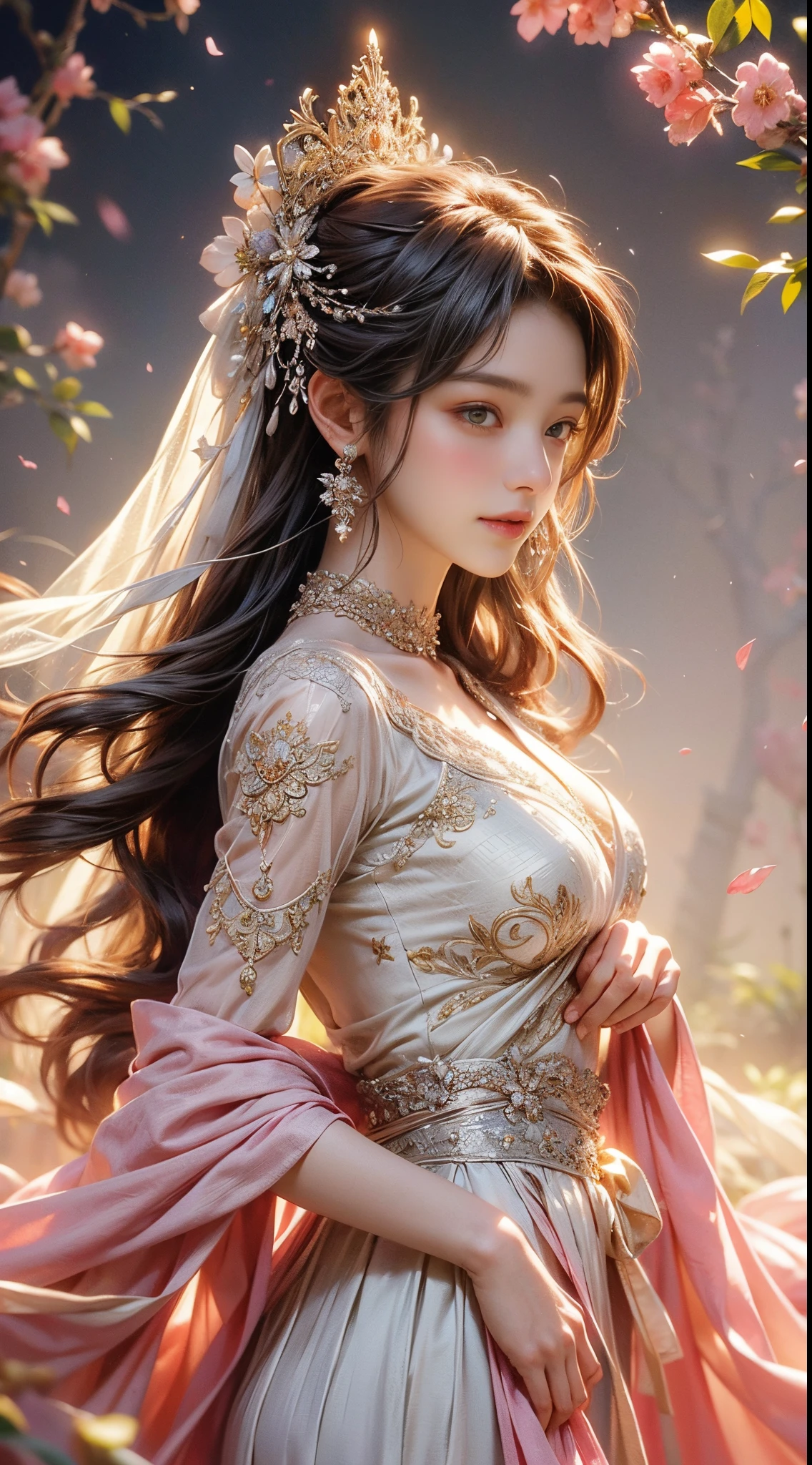 That girl'The eyes shone with joy, Her lips curved slightly,show a calm smile. The sun casts a warm golden light on her face, Enhance her beauty. Flower colors range from vibrant pinks and purples to soft pastel shades, Create harmonious and visually pleasing compositions. The lighting is soft and diffused, Create a dreamy and ethereal atmosphere. Girl standing in the middle of the field, raise your arms slightly, As if she is embracing the beauty of nature. The composition is carefully balanced, girl's position is off center, Create a sense of movement and vitality. The details of the flowers are extremely intricate, Each petal and leaf is meticulously rendered. That girl'The skirt elegantly surrounds her, Add elegance and femininity to the scene. All inclusive, The artwork evokes a feeling of joy, clam down, and appreciation of the beauty of nature.........
