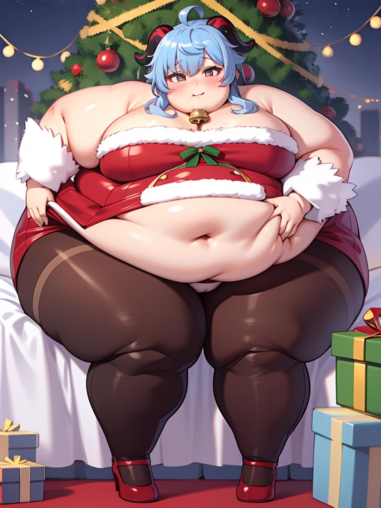 ((masterpiece)), 4K, highdes, Obese Ganyu, Christmas suit, horns, bell in neck, Large Breastas, fat thick thighs, fat belly, fat arms, cute face,  panties christmas, bedroom, night, rubbing belly in heart form with hand