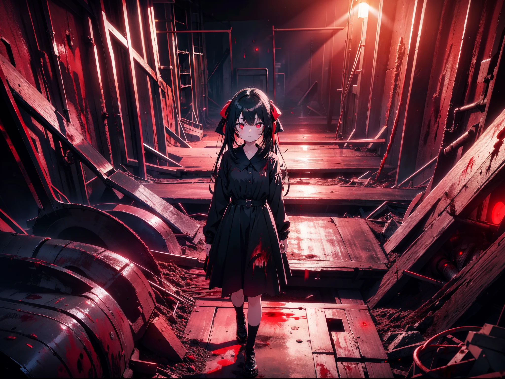1 girl ,walking on coal mine, ((blood sea)), character focus ,(red lighting), cinematic lighting, (darkness), (concept art), (rape face) ,black long straight hair, black hair, hair ribbon , red eyes,black dress, (glowing eyes), (((horror))), high resolution,(incredibly absurdres) ,extremely detailed CG unity 8k wallpaper, ((masterpiece)), ((top-quality)), (beautiful illustration), ((an extremely delicate and beautiful))