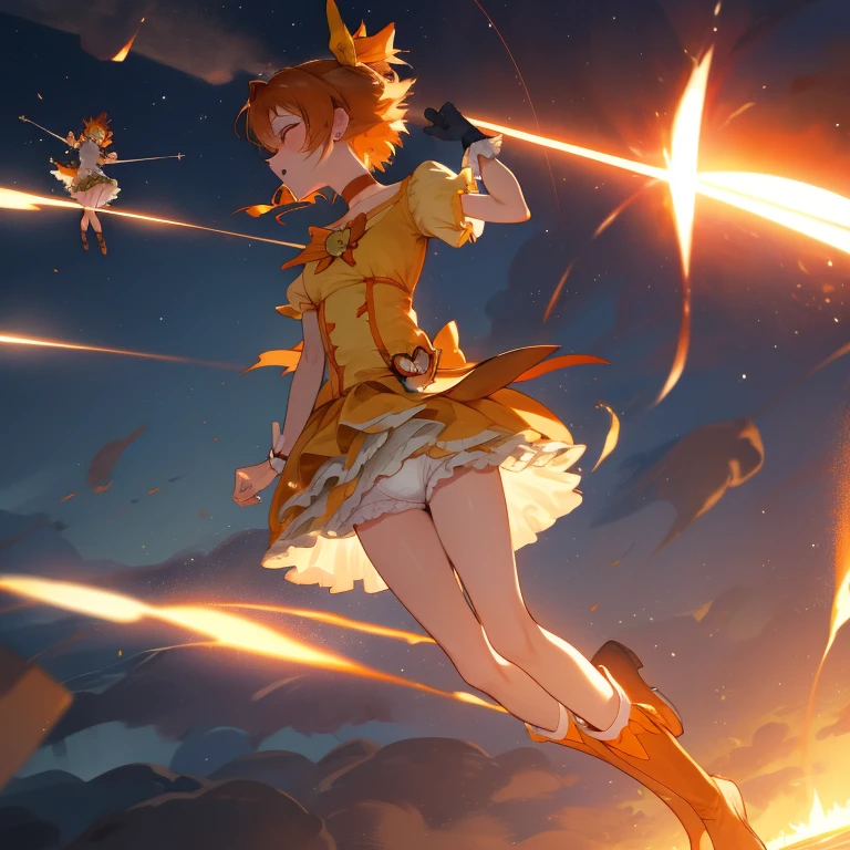 precure, one side up, short hair, hair ribbon, frills, short sleeves, wrist cuffs, orange choker, orange boots, yellow skirt, solo, perfect anatomy, masterpiece, best quality, highres, big breast, :o, screaming, outdoor, scenery, closed eyes, tottering, torn clothes, exposed (white underwear:1.2), headback, aerial bombing
