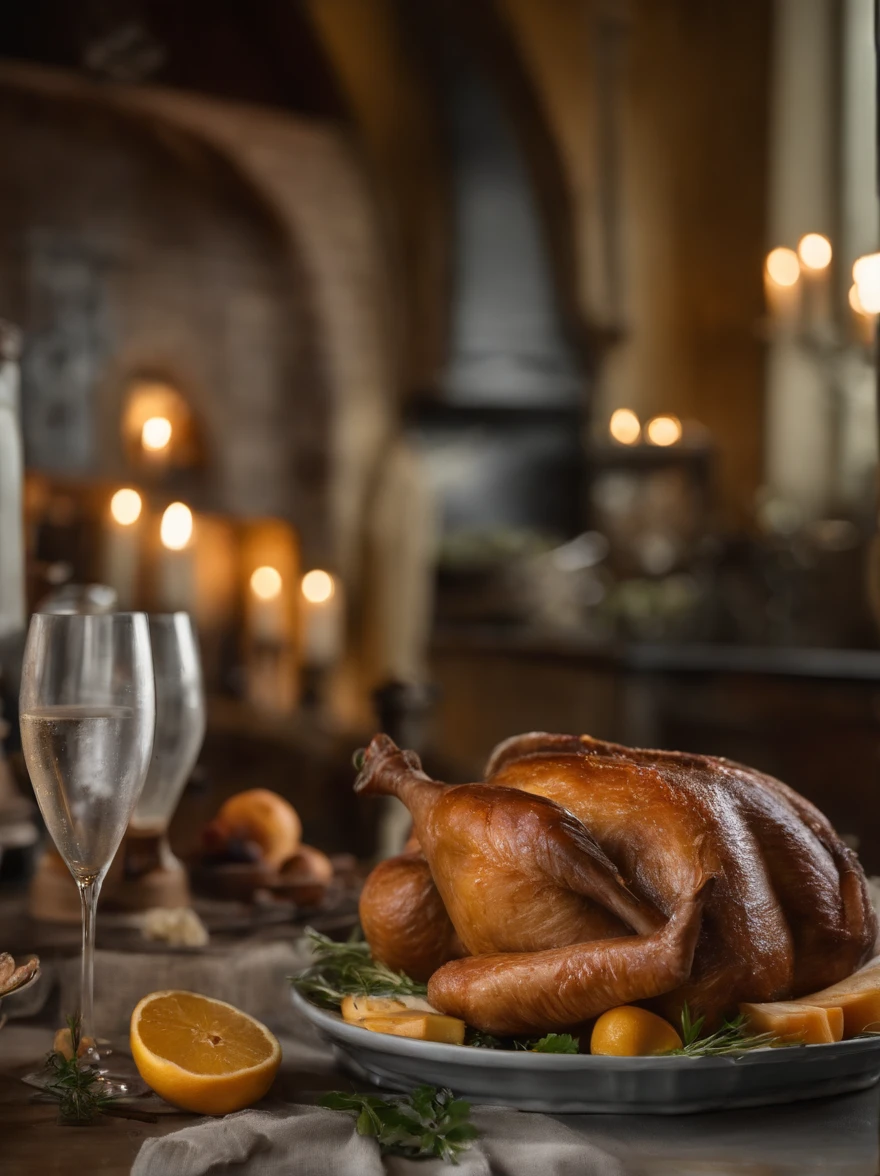 medieval meal in the table, roasted goose, bread and milk