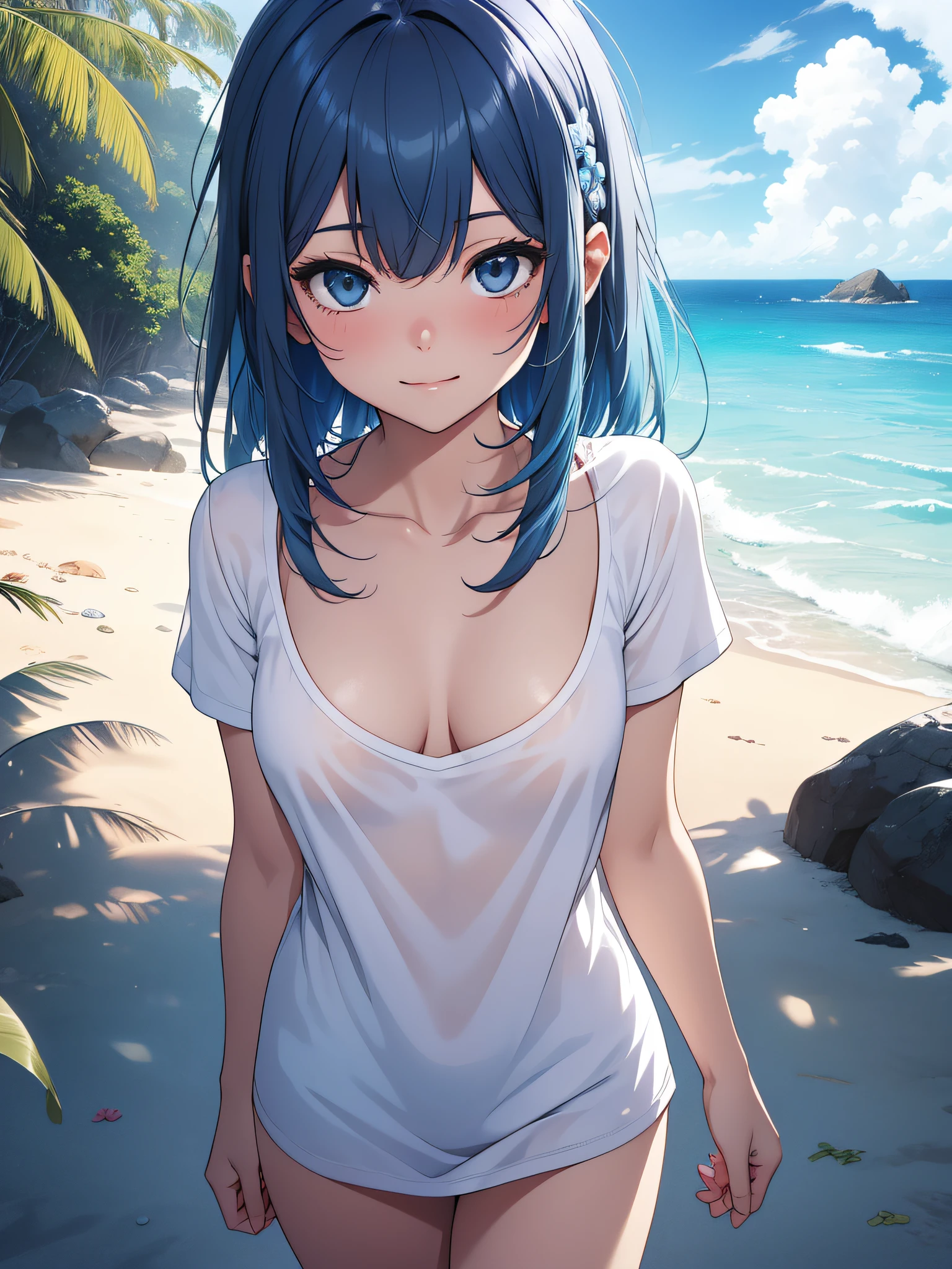 Official art、Top quality ultra-detailed CG art、barechested:1.2)、Blue hair、lively girl、white t-shirts、Transcendent Cute、kirakira、ssmile、Hide and seek、the beach、clean、Short,