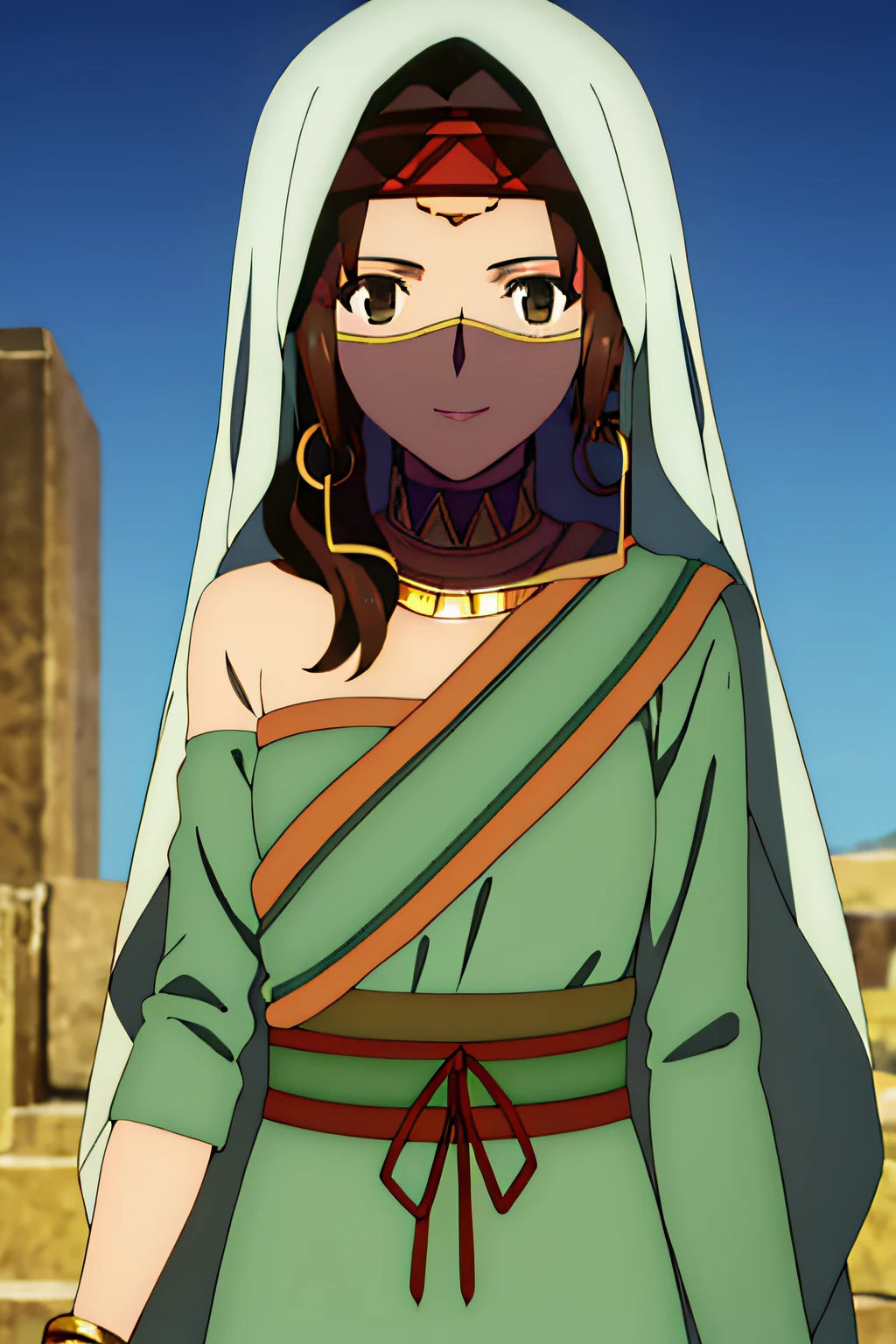 SIDURI, BROWN HAIR, (BROWN EYES:1.5), DARK SKIN, DARK-SKINNED FEMALE, DRESS, JEWELRY, EARRINGS, BRACELET, SASH, VEIL, HOOP EARRINGS, ASYMMETRICAL SLEEVES, SINGLE SLEEVE, MOUTH VEIL, 1girl, solo, upper body, facing viewer, looking at viewer, smile,