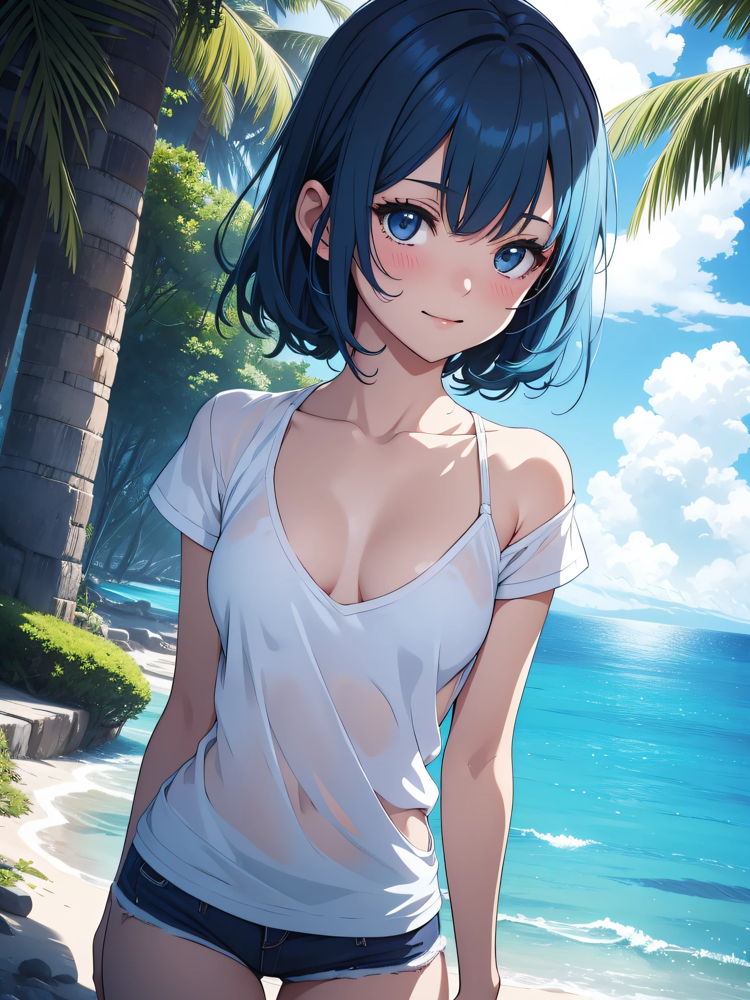 Official art、Top quality ultra-detailed CG art、barechested:1.2)、Blue hair、lively girl、white t-shirts、Transcendent Cute、kirakira、ssmile、Hide and seek、the beach、clean、Short,
