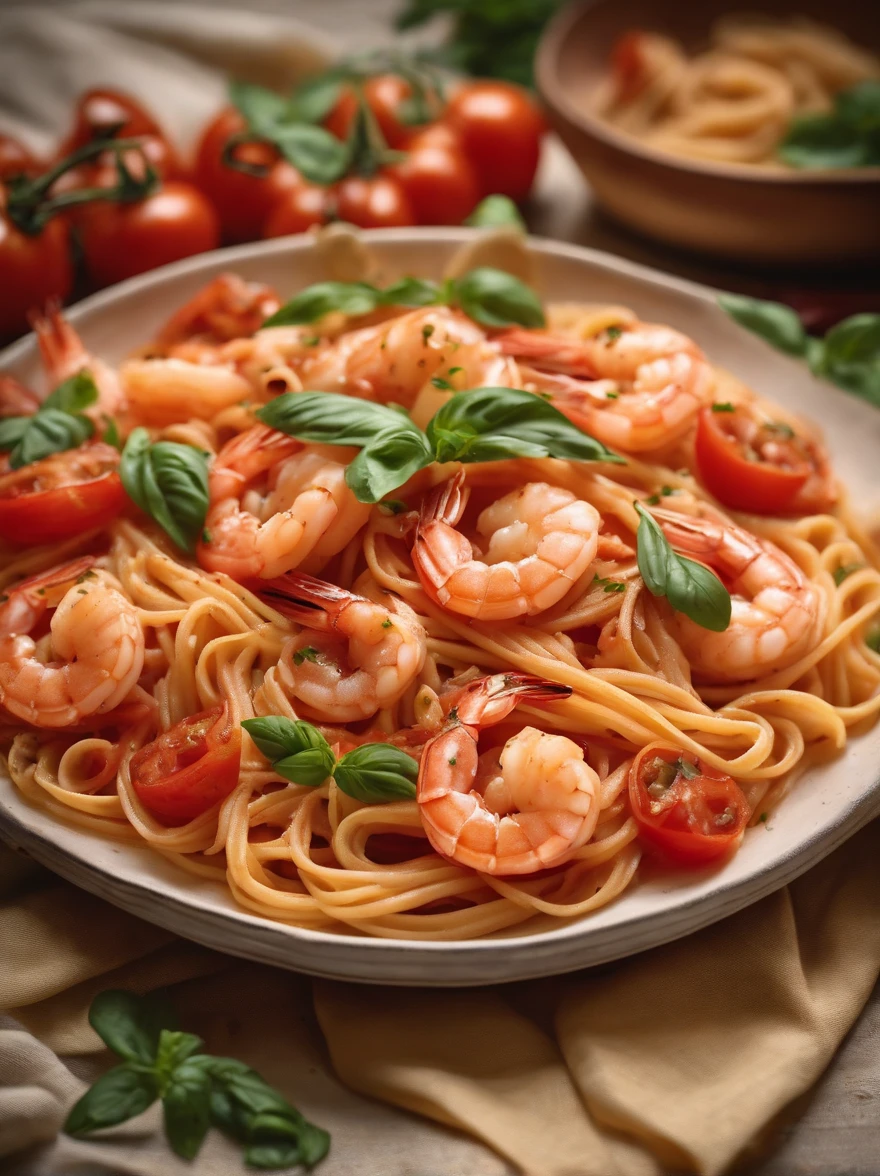 A plate of delicious tomato shrimp pasta