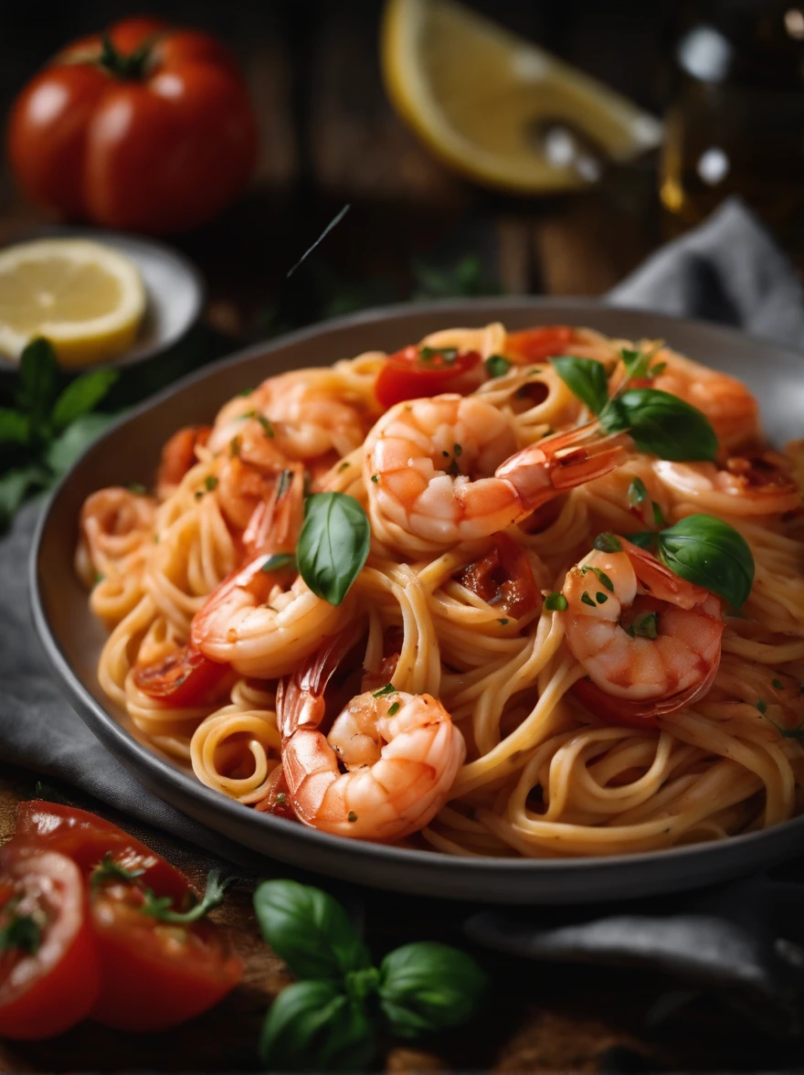 A plate of delicious tomato shrimp pasta