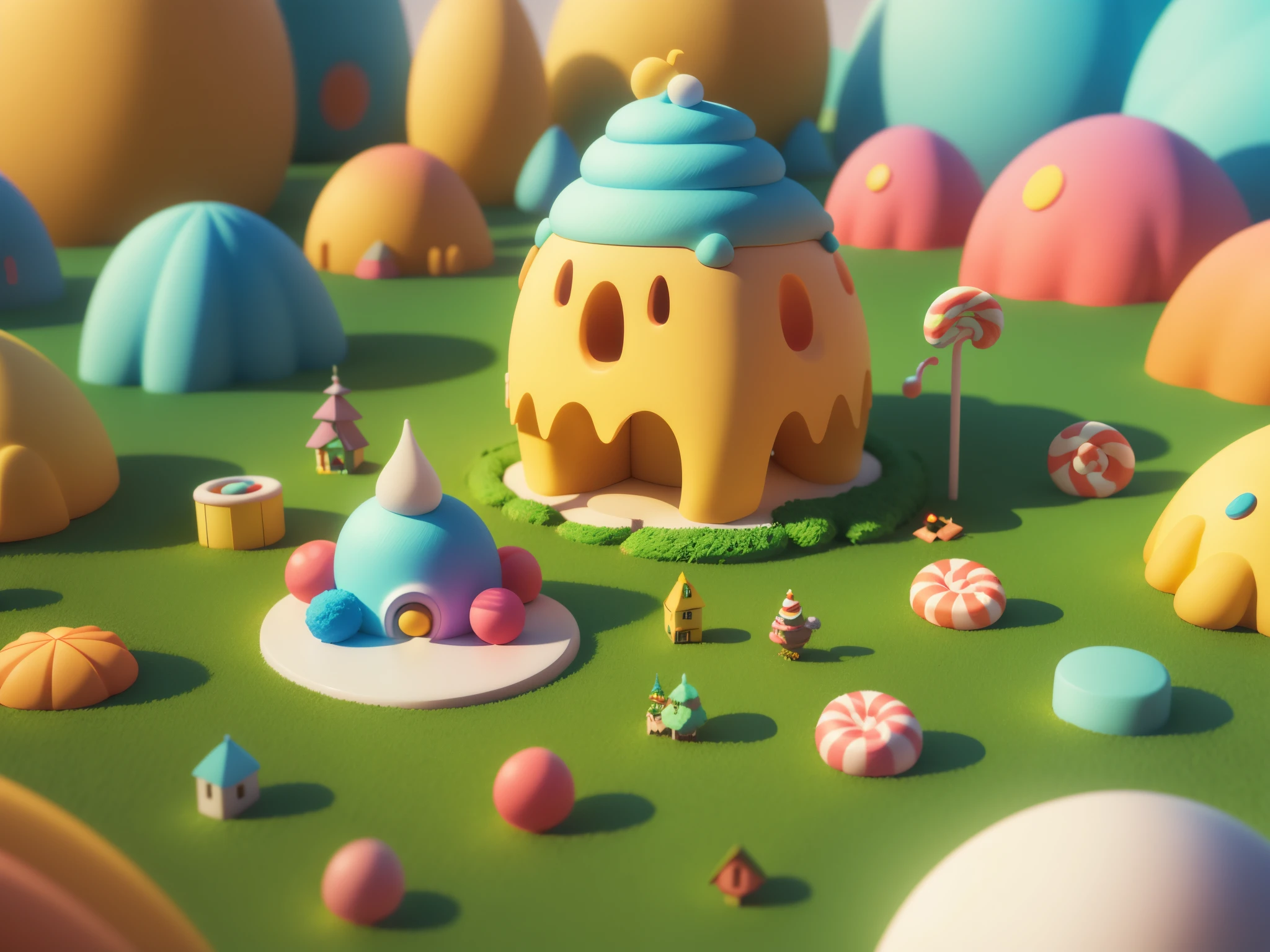 (cute world of candy, full size 3d candyland), highly detailed, super cute, superb lighting, volumetrics, by Jon Klassen, Ghibli Studio style, Tilt - shift, 80mm lens, unreal engine, Large aperture, 3d, blender, masterpiece, super detail, best quality, --v6